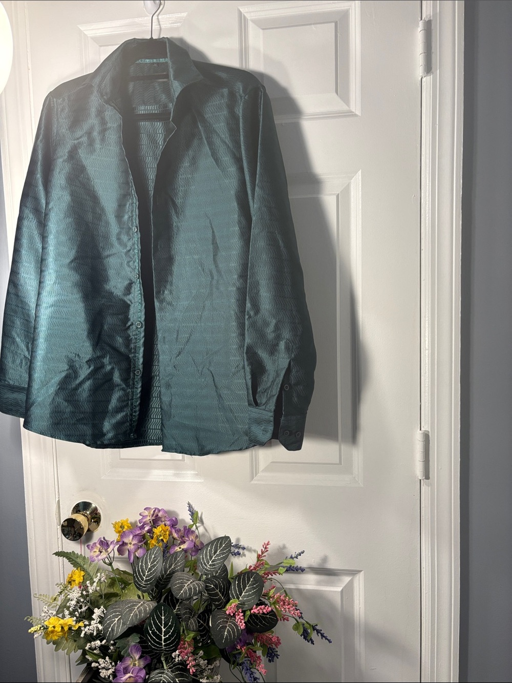Barry Wang Men’s Medium Teal Green Silk Blend Long Sleeve Dress Shirt. - Picture 4 of 12